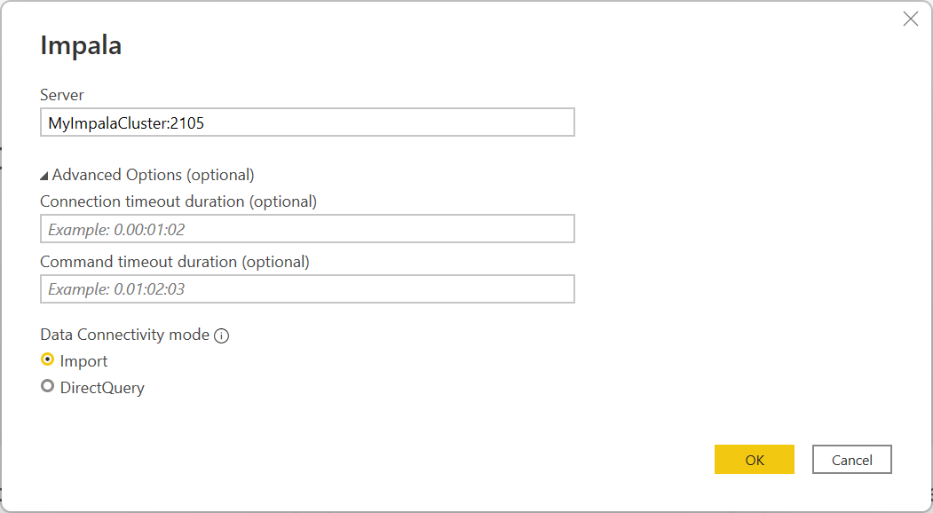 Imagen del cuadro de diálogo Impala con un nombre del servidor especificado y el modo Importar conectividad de datos seleccionado.