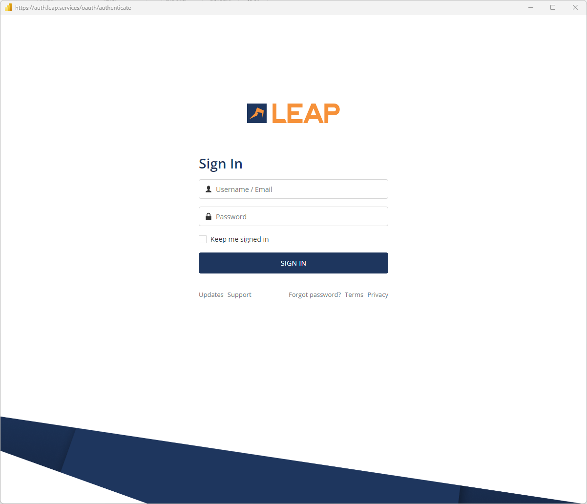 Captura de pantalla en la que se muestra la pantalla de inicio de sesión de LEAP.