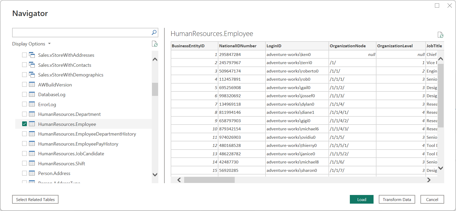 El navegador de escritorio de Power Query muestra los datos de los empleados de recursos humanos en una base de datos de PostgreSQL.