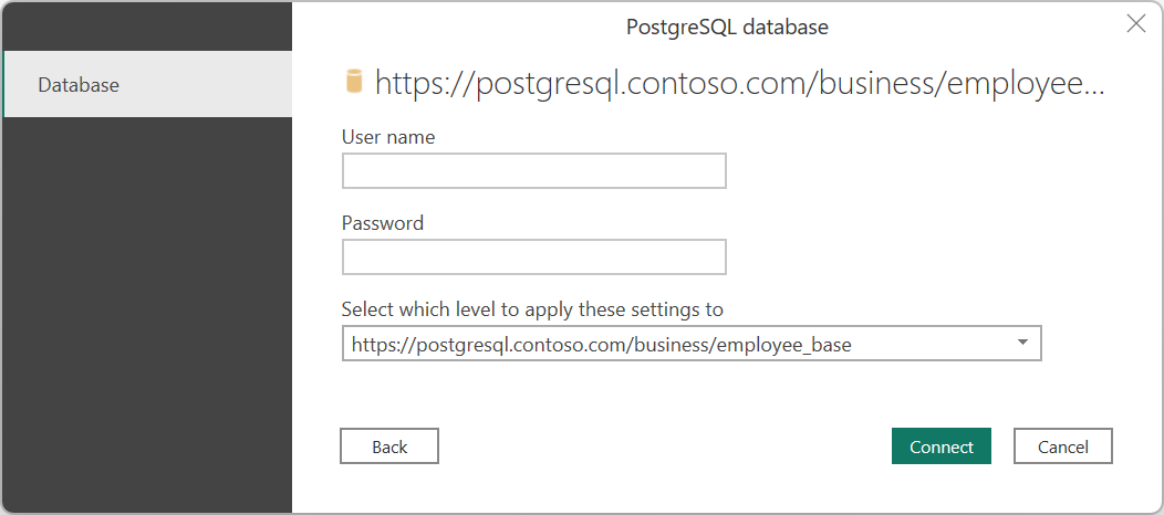 Escriba el nombre de usuario y la contraseña de PostgreSQL.