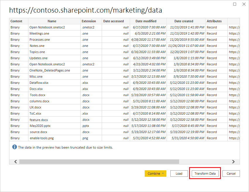 Lista de archivos de carpetas de SharePoint.