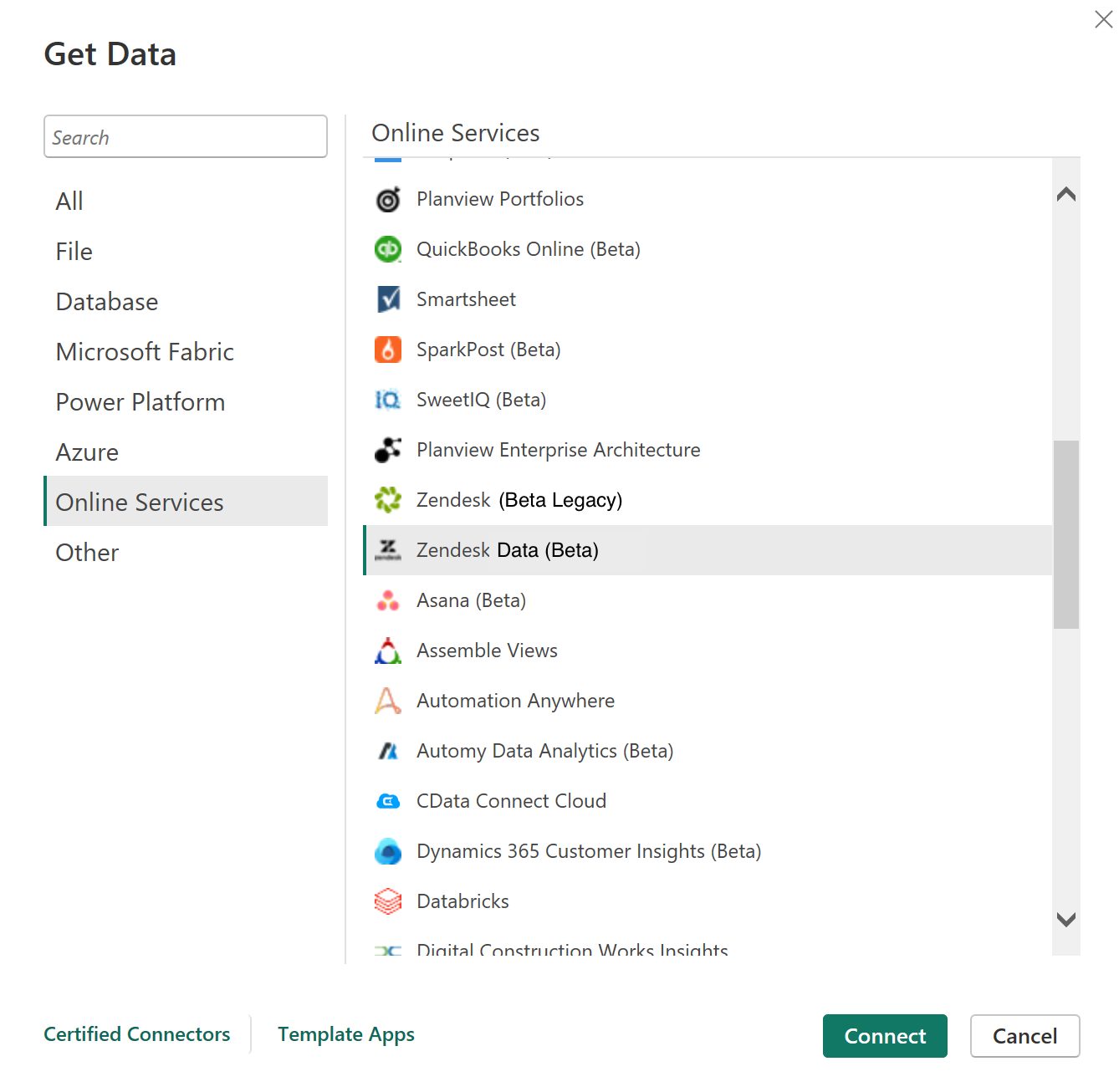 Imagen con la categoría de servicios en línea y el conector de Zendesk resaltados.