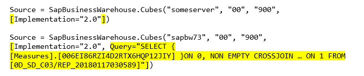 Captura de pantalla que muestra una consulta de texto sin formato con Implementation = 2.0 agregado.