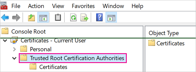 Carpeta de entidades de certificación raíz de confianza.