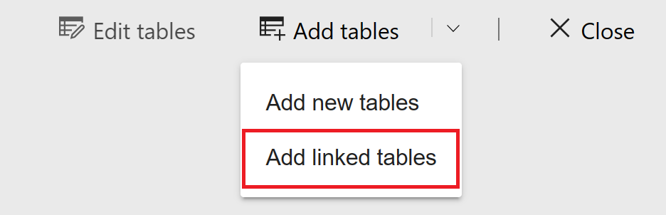 Captura de pantalla que muestra cómo añadir tablas vinculadas desde el menú del servicio Power BI.