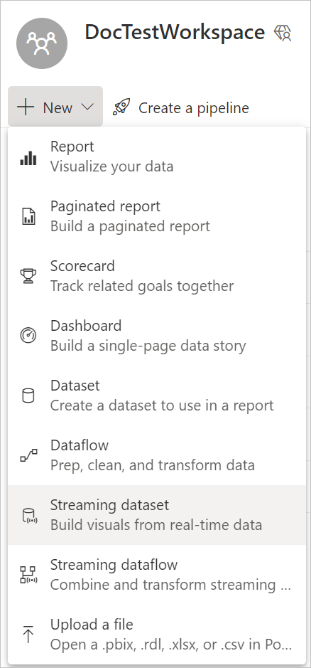 Imagen que resalta la selección del conjunto de datos de streaming en el menú Nuevo.