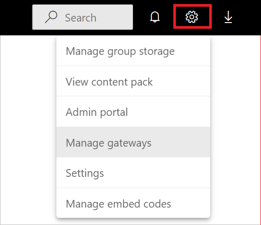 Imagen que muestra la selección administrar puertas de enlace en servicio Power BI.