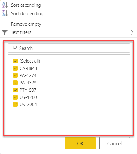 Menú Filtro automático en Power Query.