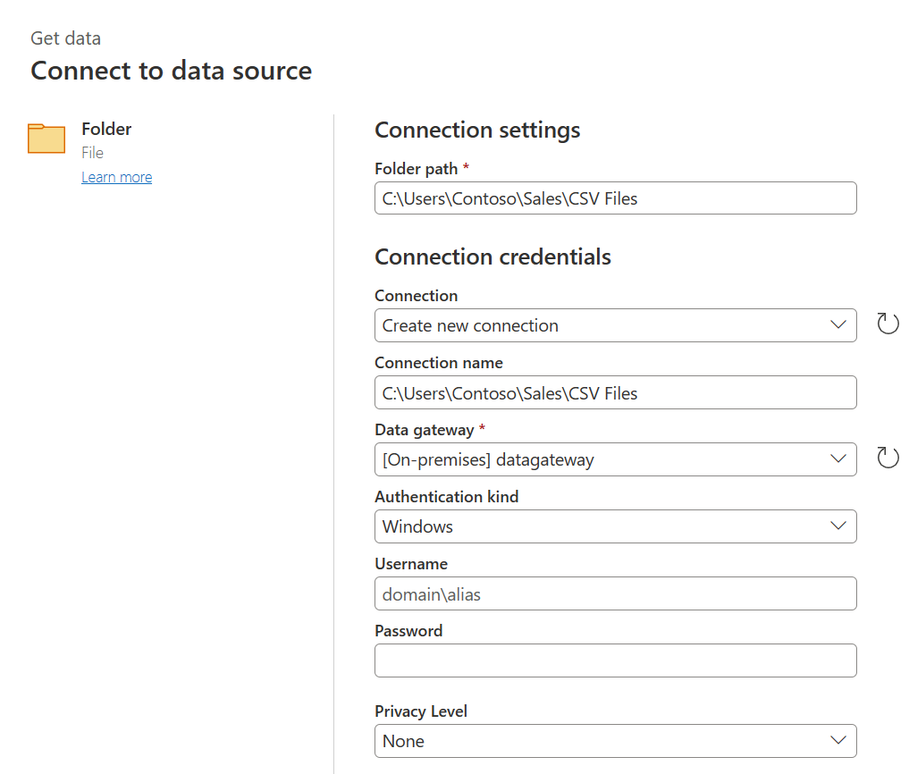 Captura de pantalla del cuadro de diálogo Conectar al origen de datos con la ruta de acceso de la carpeta de configuración de Conexión rellenada.