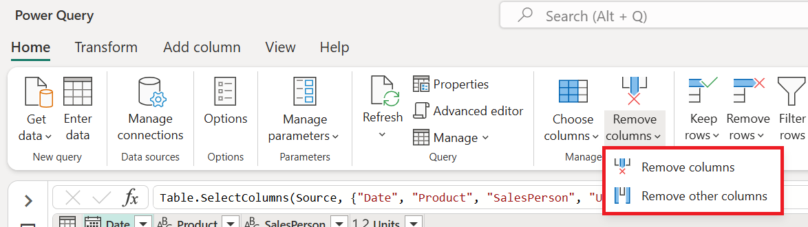 Captura de pantalla de las opciones de menú Eliminar columnas con ambas opciones resaltadas.