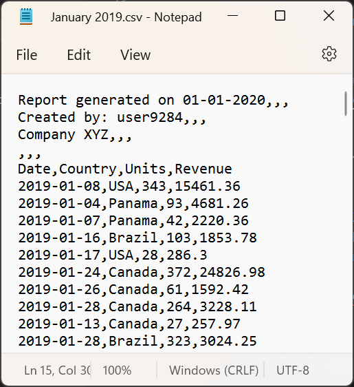 Captura de pantalla del archivo CSV de ejemplo para enero de 2019 que muestra la sección de encabezado y el resto de los datos, separados por comas.