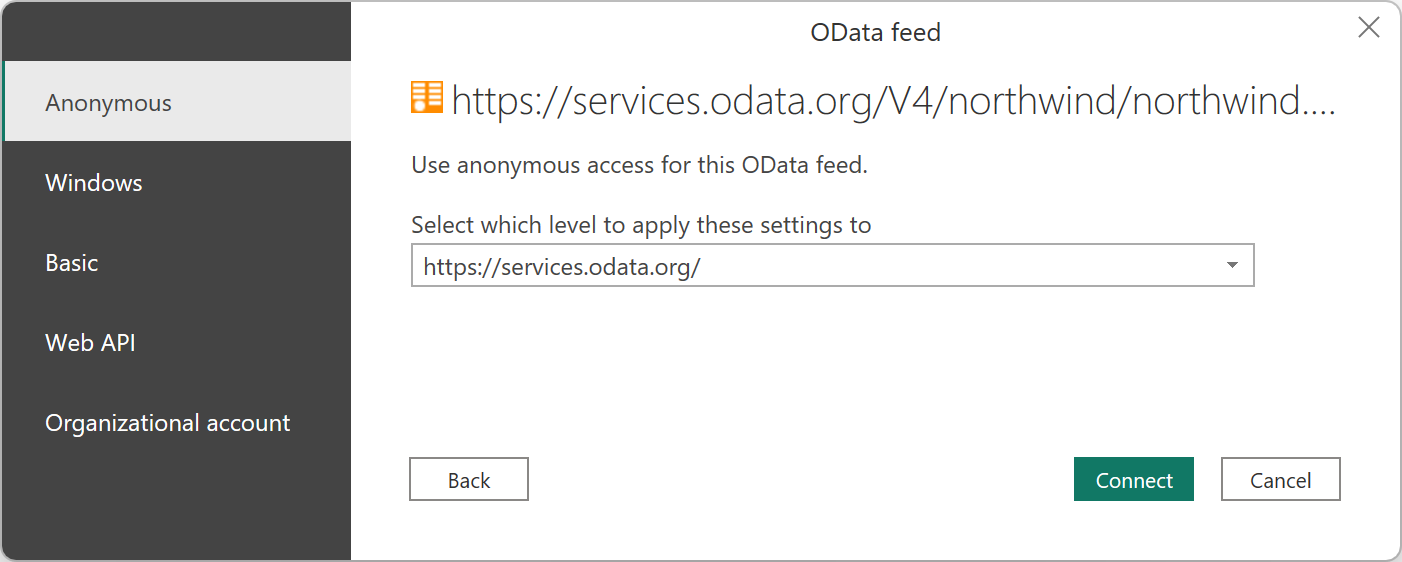 Captura de pantalla del cuadro de diálogo de autenticación de una fuente de OData en Power Query Desktop.