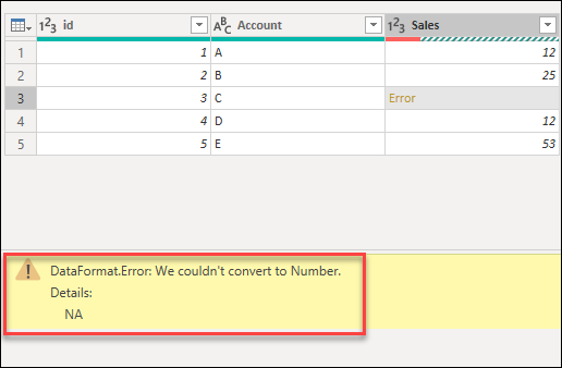 Muestra el error de formato de datos, no se pudo convertir al error de tipo de datos en el panel de errores.