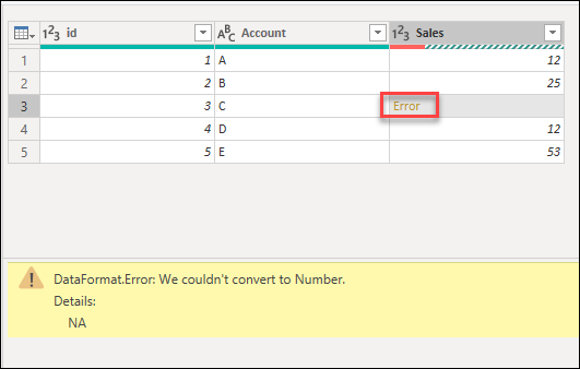 Para mostrar el mensaje de error, seleccione espacios en blanco en una celda de tabla que contenga un error.