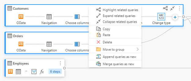 En la vista de diagrama, tres consultas resaltadas en azul claro, lo que significa que han sido multiseleccionadas, con un menú contextual en un recuadro rojo que muestra diferentes operaciones.