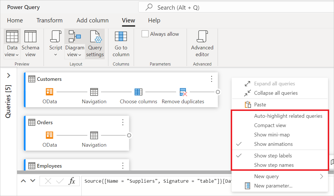 La captura de pantalla muestra la configuración de la vista del diagrama tras hacer clic con el botón derecho del ratón sobre una parte en blanco del fondo.