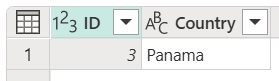 Tabla de países con una sola fila, con el identificador establecido en 3 y País establecido en Panamá.