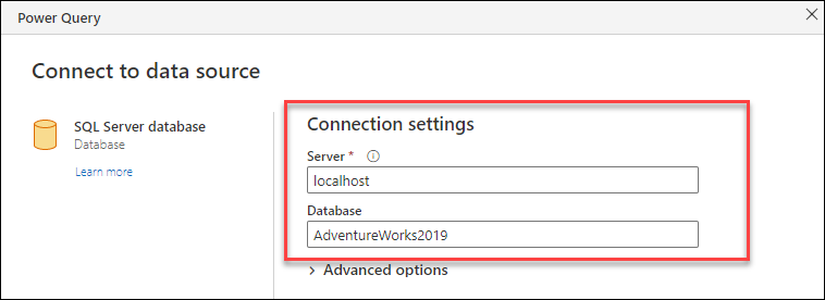 Configuración de conexión del conector de bases de datos de SQL Server en la que se ha especificado la configuración del servidor y la base de datos.