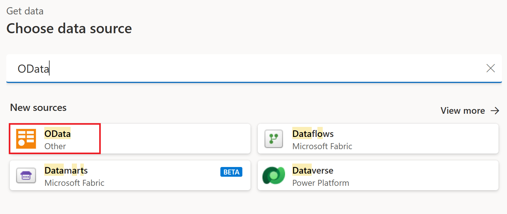 Screenshot of the Choose data source page of the Get data experience with the OData connector emphasized.