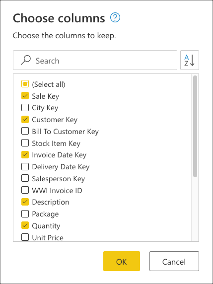 Seleccione las columnas Clave de venta, Clave de cliente, Clave de fecha de factura, Descripción y Cantidad para el ejemplo sin plegado de consultas.