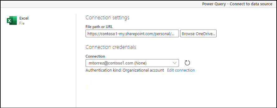 Ventana de configuración de la conexión con la URL del archivo seleccionado alojado en OneDrive para la Empresa.