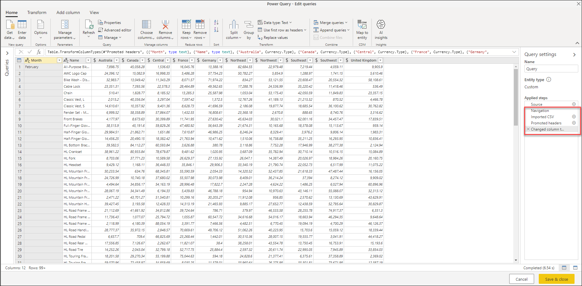 Contenido de un fichero CSV con el nombre 02-February.csv que fue interpretado automáticamente por Power Query como se muestra en la sección Pasos aplicados.