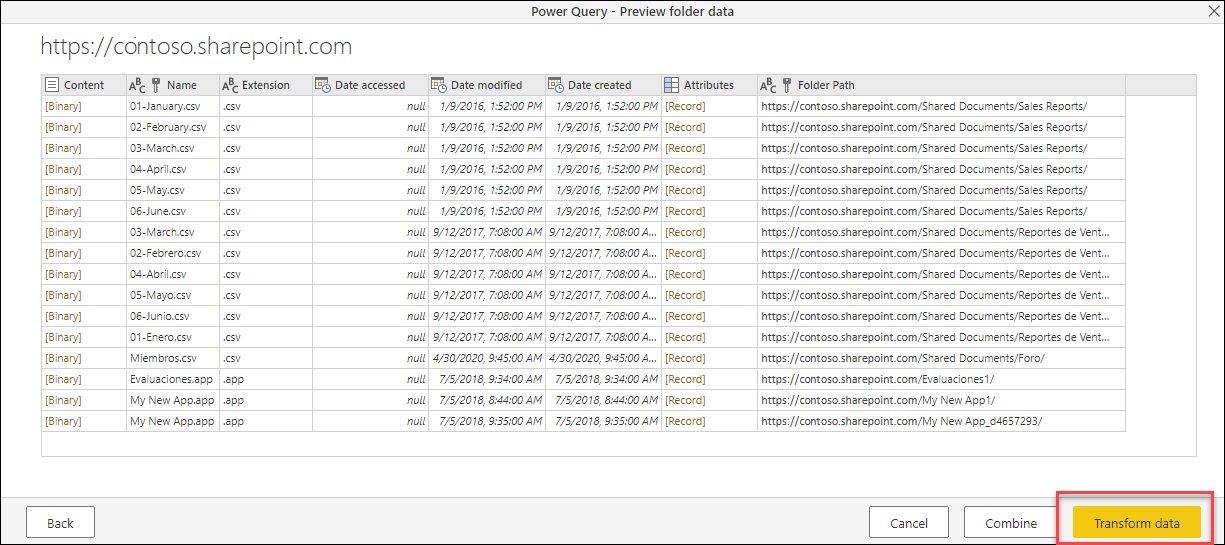 Vista previa de la tabla después de conectarse a un sitio de SharePoint mediante el conector de carpetas de SharePoint que muestra los archivos encontrados en el sitio de SharePoint.