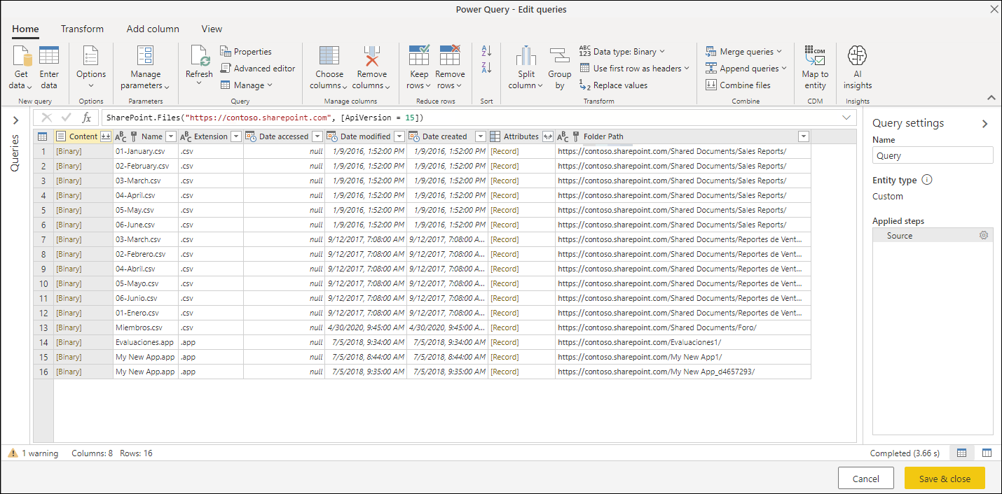 Vista previa de la tabla de los archivos del sitio de SharePoint después de seleccionar el botón Transformar datos.