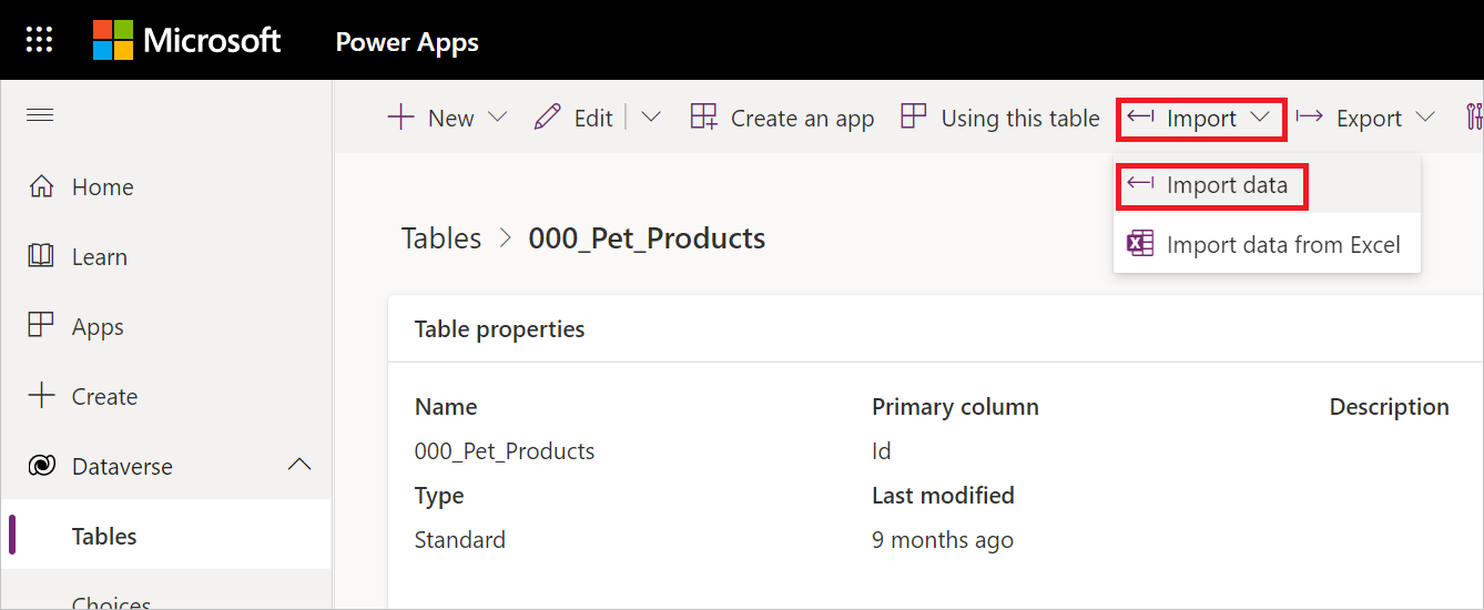 Captura de pantalla con las tablas de Dataverse abiertas, una tabla individual abierta en un panel, el menú contextual de importación abierto, con la opción para importar datos resaltada.