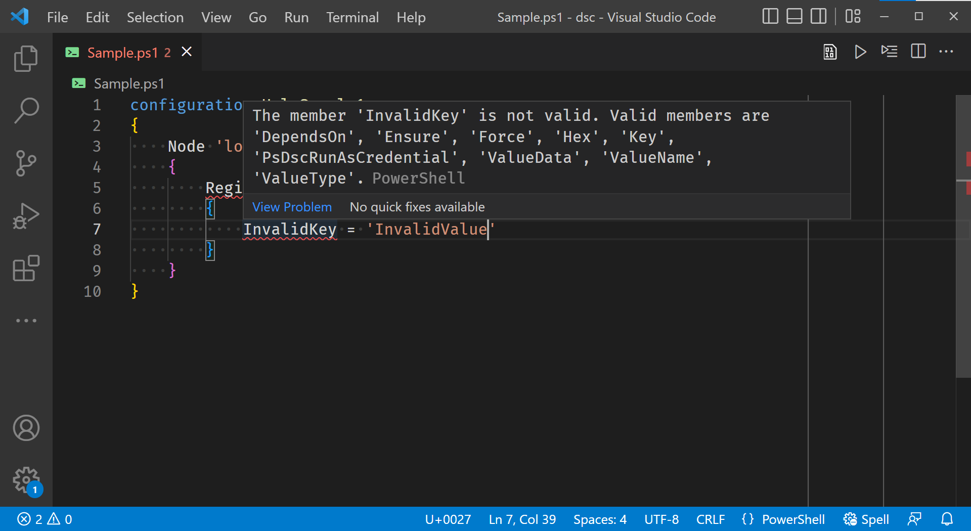 IntelliSense en VS Code para un recurso de DSC