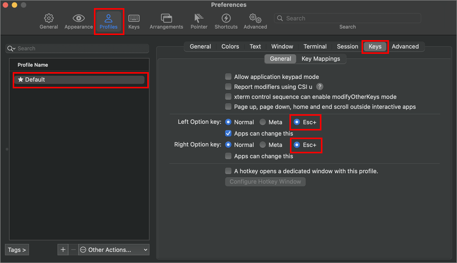 Captura de pantalla de la configuración de iTerm.app