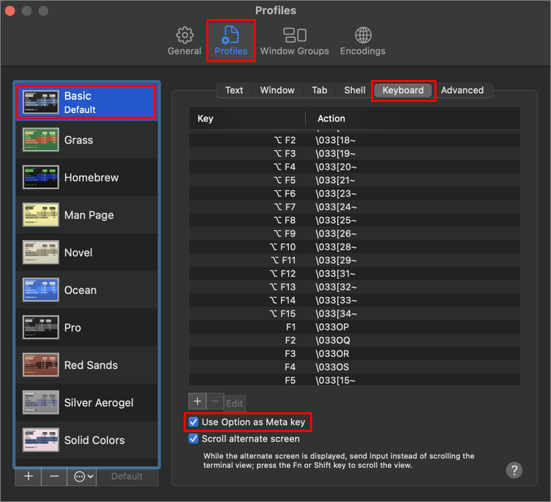 Captura de pantalla de la configuración de Terminal.app