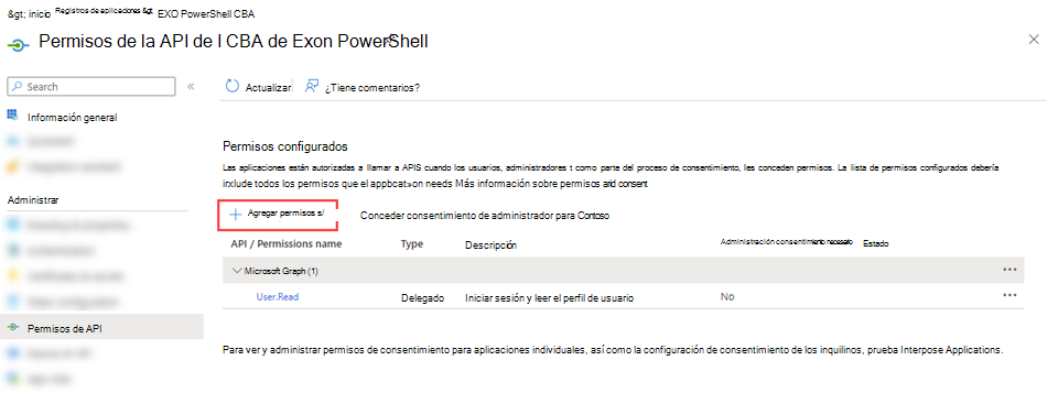 Seleccione Agregar un permiso en la página Permisos de API de la aplicación.