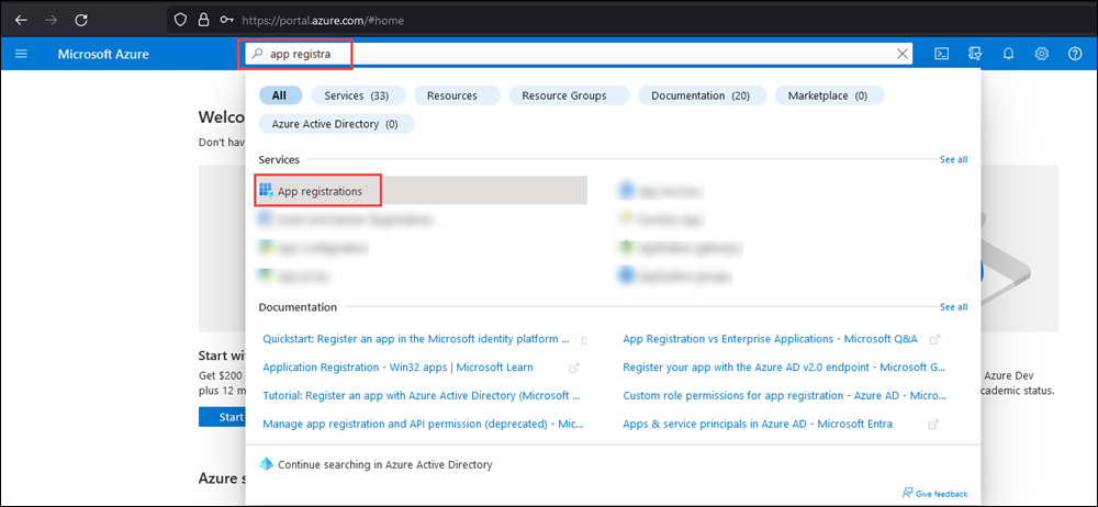 Captura de pantalla que muestra registros de aplicaciones en los resultados de la búsqueda en la página principal de Azure Portal.