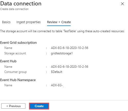 Captura de pantalla de la pestaña Conexión de datos: Revisar y crear, que muestra un resumen de la configuración de la conexión de datos seleccionada.