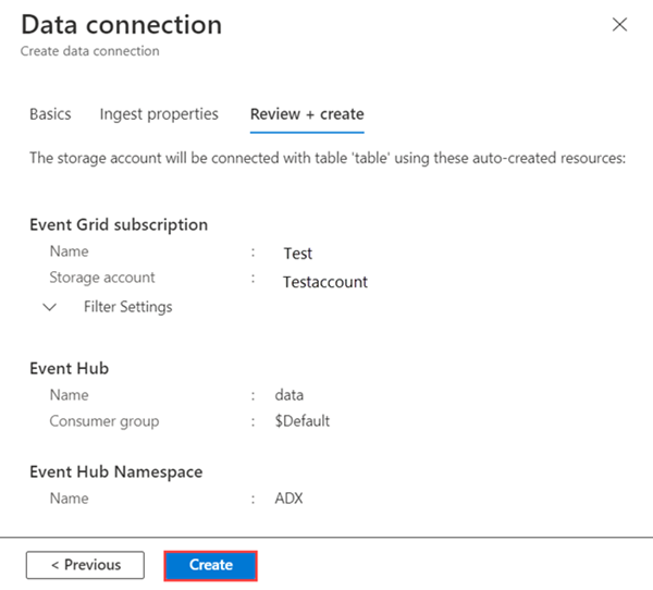 Captura de pantalla de la pestaña Conexión de datos: Revisar y crear, que muestra un resumen de la configuración de la conexión de datos seleccionada.