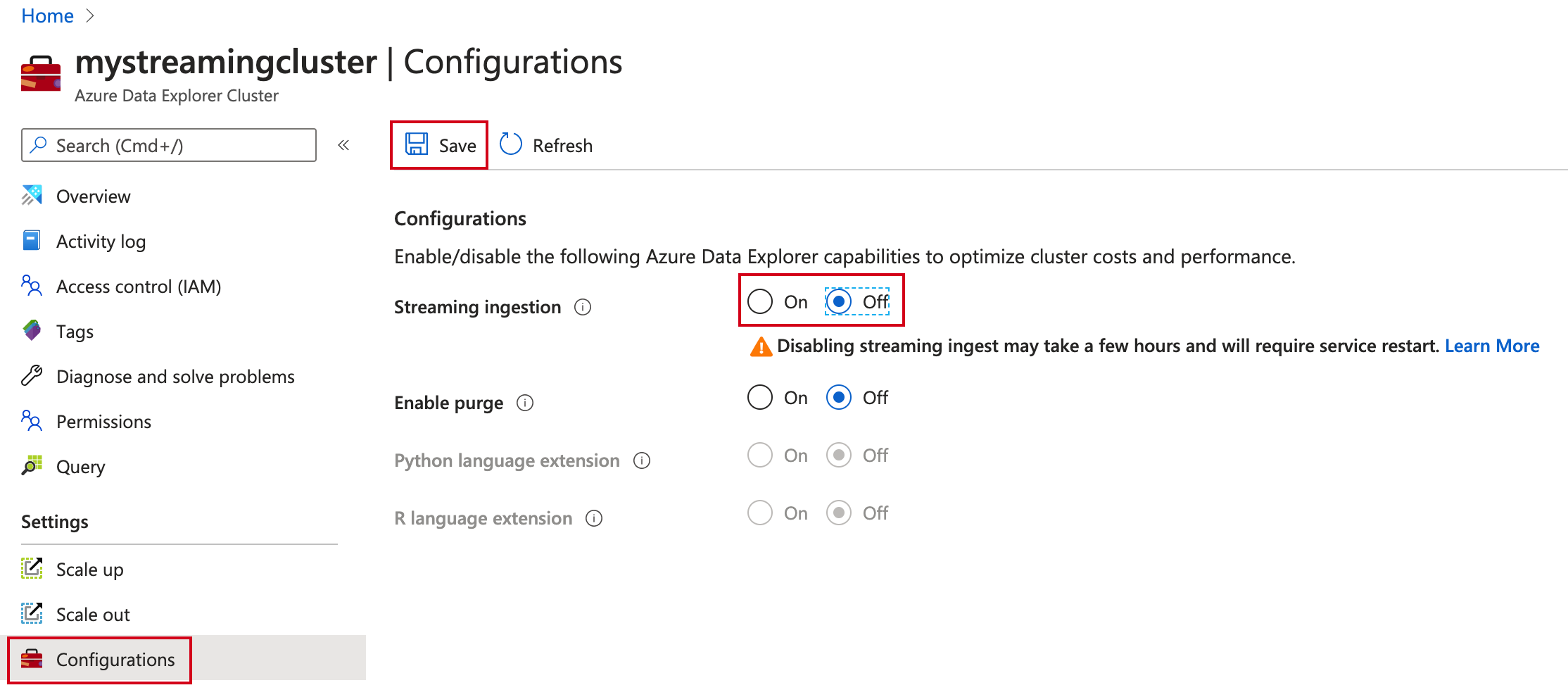 Desactivación de la ingesta de streaming en Azure Data Explorer.