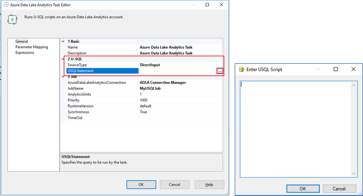 Edición de un script U-SQL alineado en la tarea de SSIS