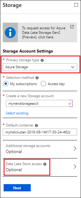 Almacenamiento adicional, configuración de la cuenta de almacenamiento de HDInsight