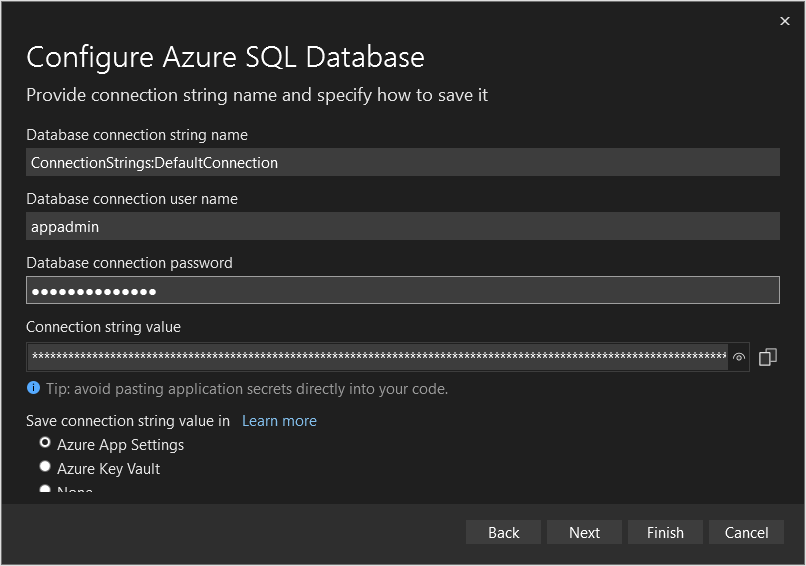 Captura de pantalla de la ventana de configuración de la base de datos.