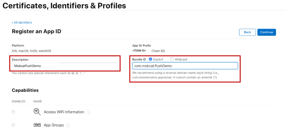 página de id. de aplicación de registro del portal de aprovisionamiento de iOS