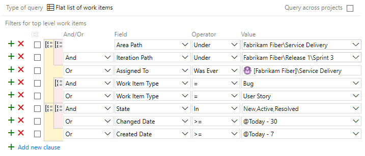 Screenshot of Web portal, Query Editor, Group multiple query clauses.