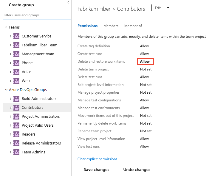 Screenshot of Contributors group, permissions, on-premises versions.