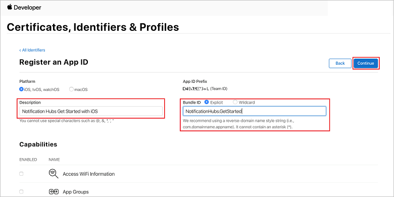 Portal de aprovisionamiento de iOS: página de registro del identificador de aplicación