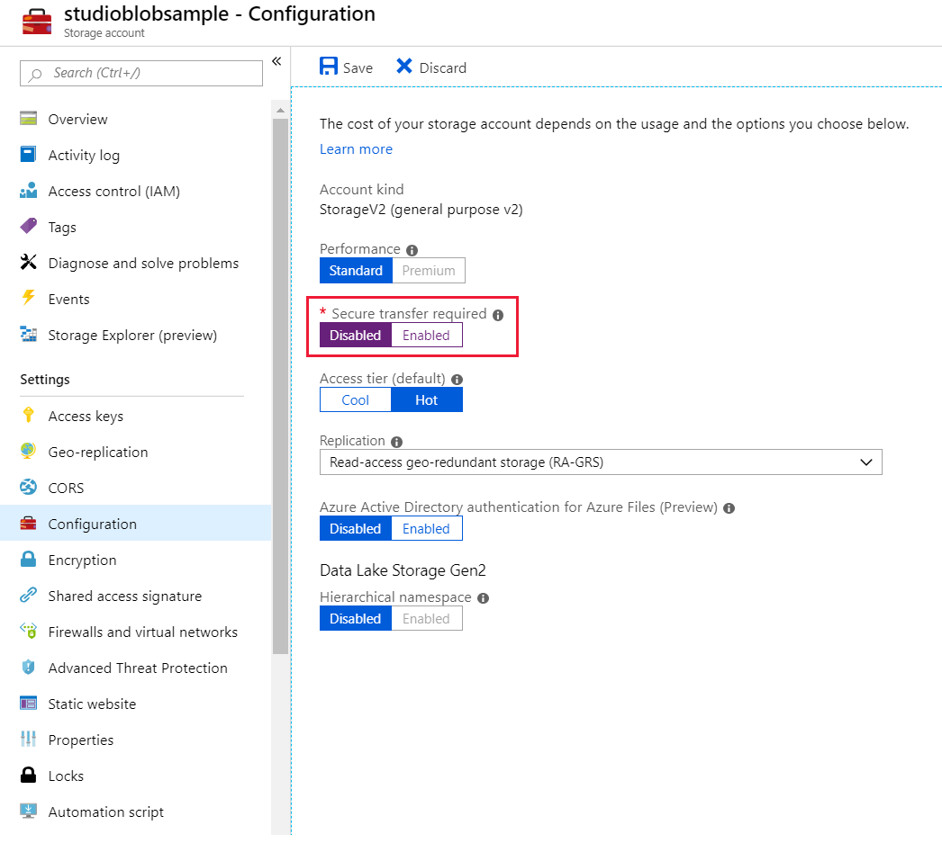 Deshabilite Se requiere transferencia segura en Azure Portal