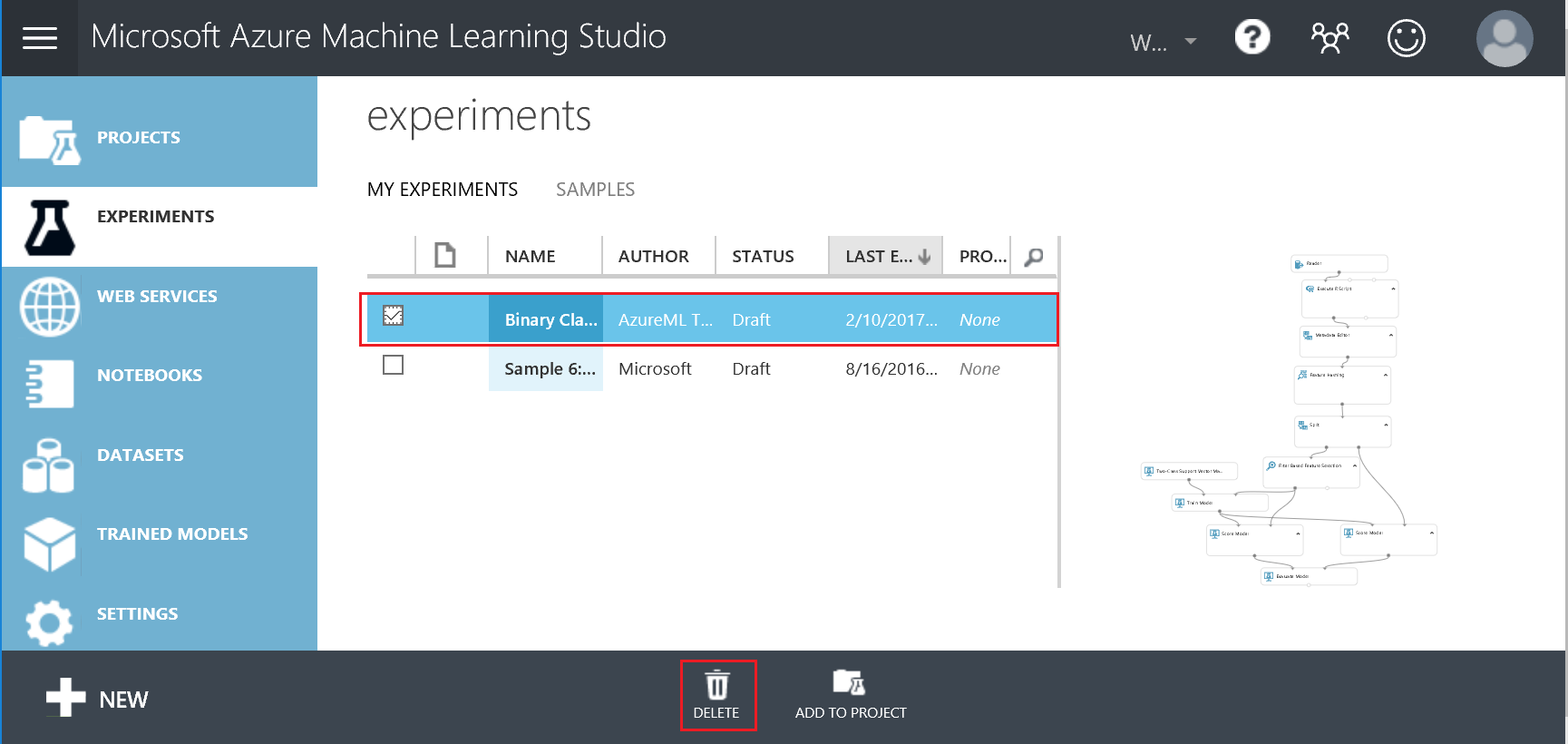 Eliminación de recursos en Machine Learning Studio (clásico)