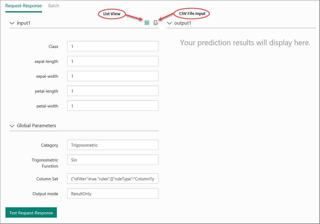 Escritura de los valores adecuados para probar el servicio web