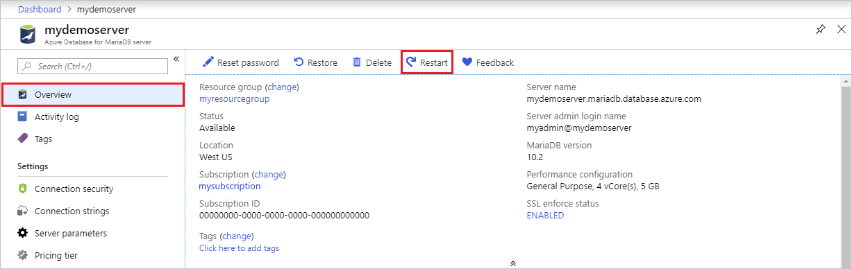 Azure Database for MariaDB - Overview - Restart button