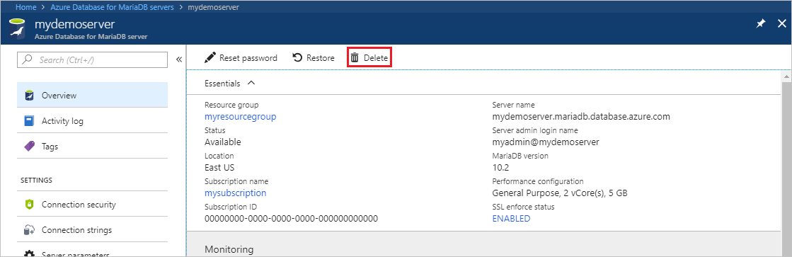 Azure Database for MariaDB - Delete server