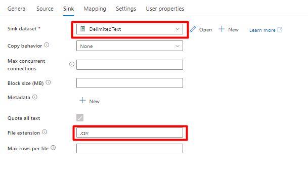 Captura de pantalla que muestra cómo configurar el receptor en una canalización para mover los datos a Azure Storage desde Snowflake.